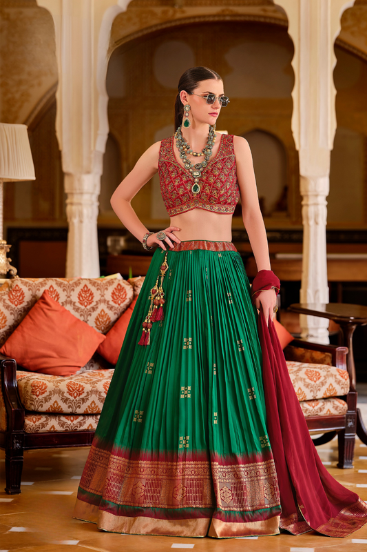 Green Silk Foil Print Readymade Lehenga Choli for Ceremonial Wear