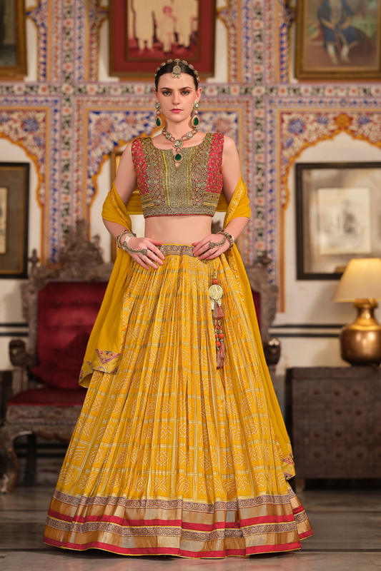 Yellow Silk Foil Print Readymade Lehenga Choli for Ceremonial Wear