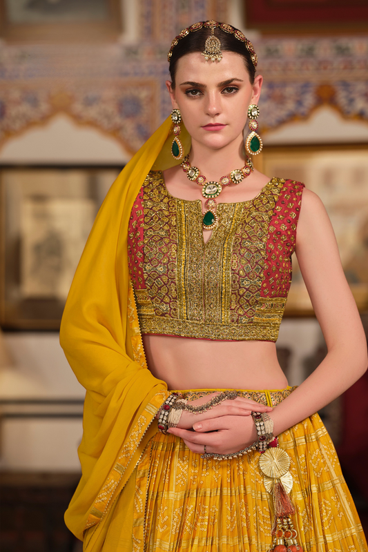 Yellow Silk Foil Print Readymade Lehenga Choli for Ceremonial Wear