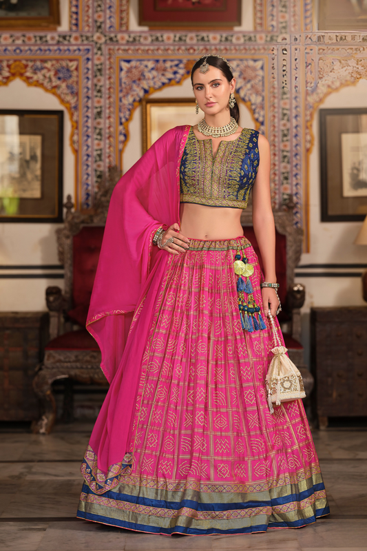 Pink Silk Foil Print Readymade Lehenga Choli for Ceremonial Wear