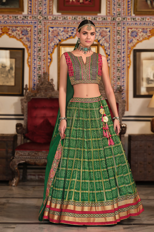 Irish Green Silk Foil Print Readymade Lehenga Choli for Ceremonial Wear