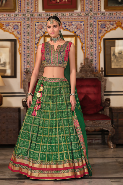 Irish Green Silk Foil Print Readymade Lehenga Choli for Ceremonial Wear - LaVante Fashion