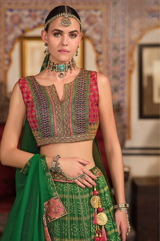 Irish Green Silk Foil Print Readymade Lehenga Choli for Ceremonial Wear
