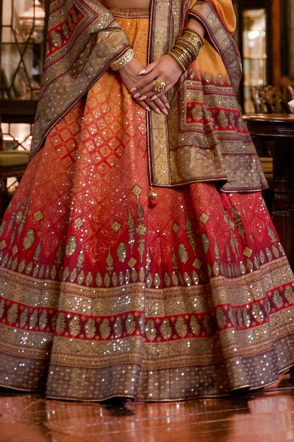 Vibrant Orange-Red Designer Silk Lehenga - LaVante Fashion