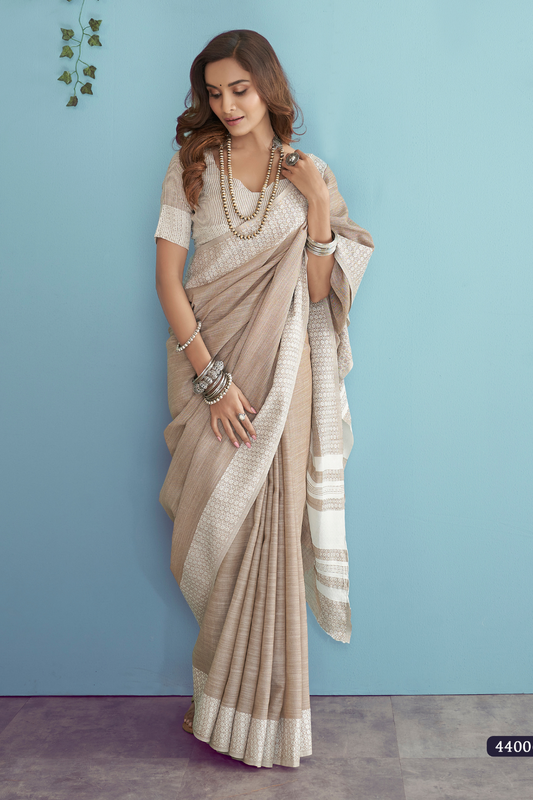 Soft Linen Silk Saree with Chikankari Weaved Border