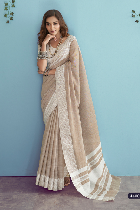Soft Linen Silk Saree with Chikankari Weaved Border
