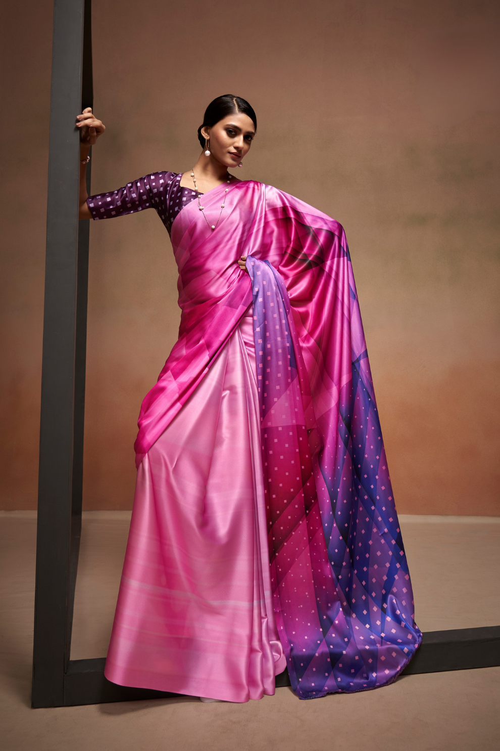 Glamorous Soft Satin Saree Adorned with Contemporary Digital Art