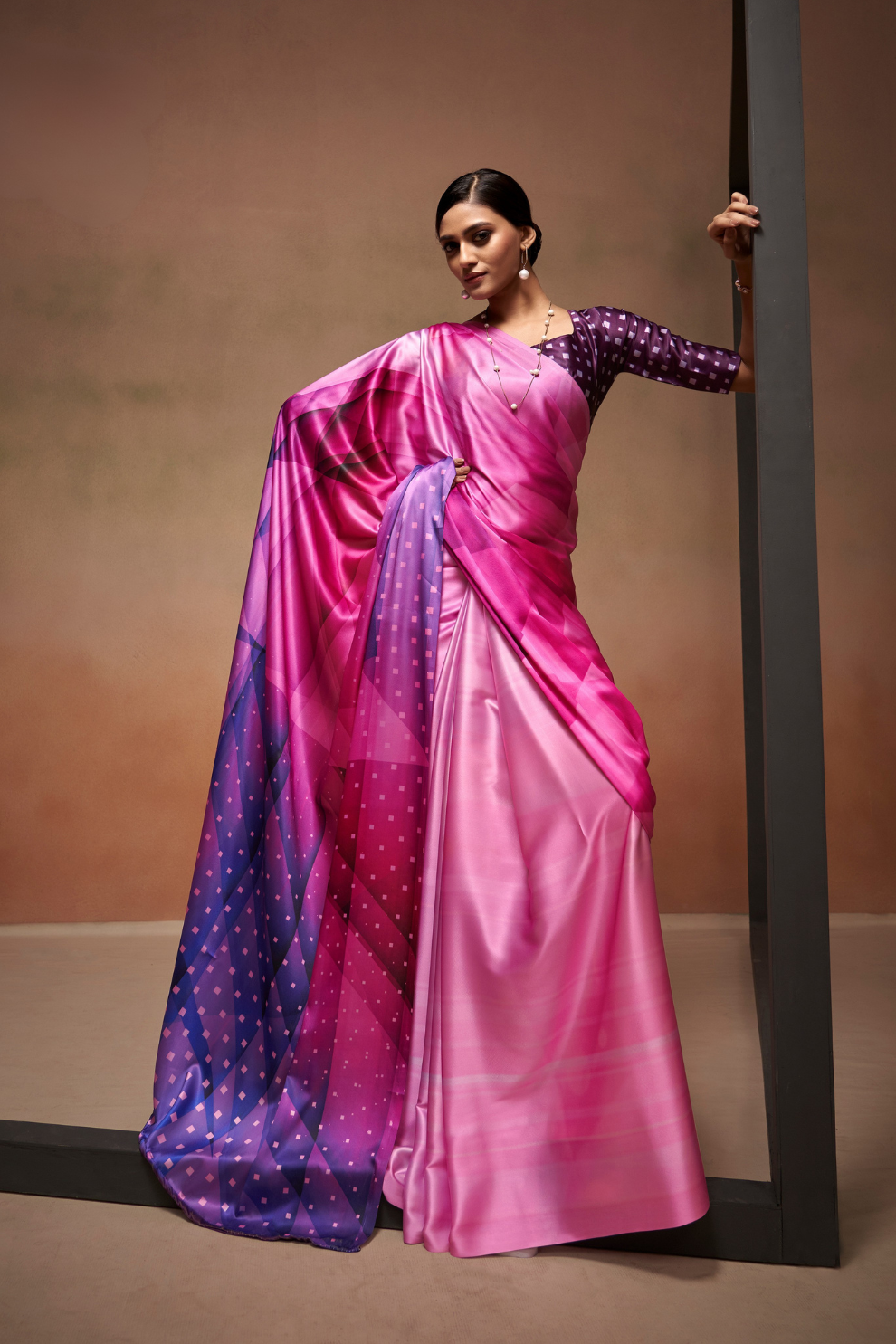 Glamorous Soft Satin Saree Adorned with Contemporary Digital Art