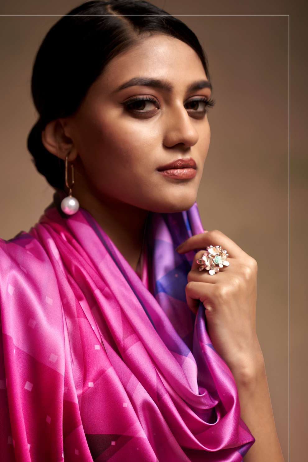 Glamorous Soft Satin Saree Adorned with Contemporary Digital Art