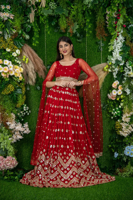 Graceful Georgette Lehenga Choli Featuring a Draped Attached Dupatta