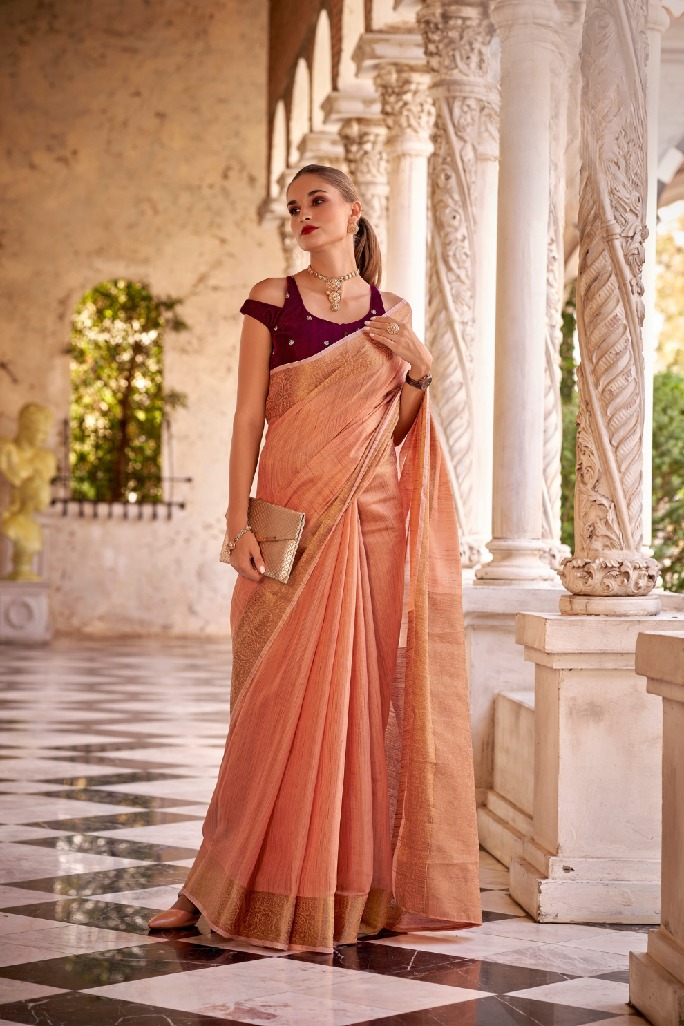 Elegant Tissue Linen Drape with Rich Velvet Contrast Blouse - LaVante Fashion