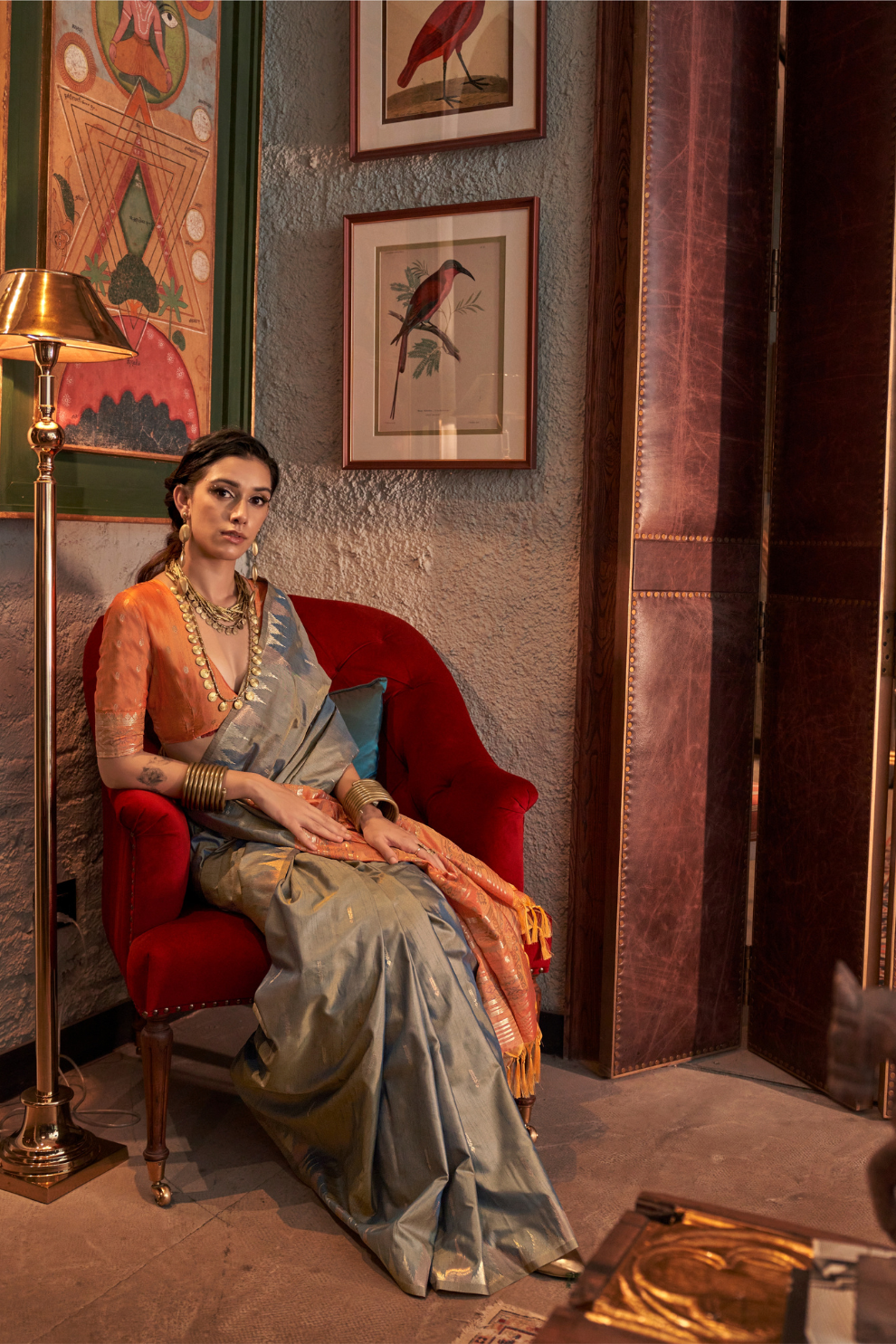 Tussar Silk Saree with Ikkat Pallu and Contrast Blouse