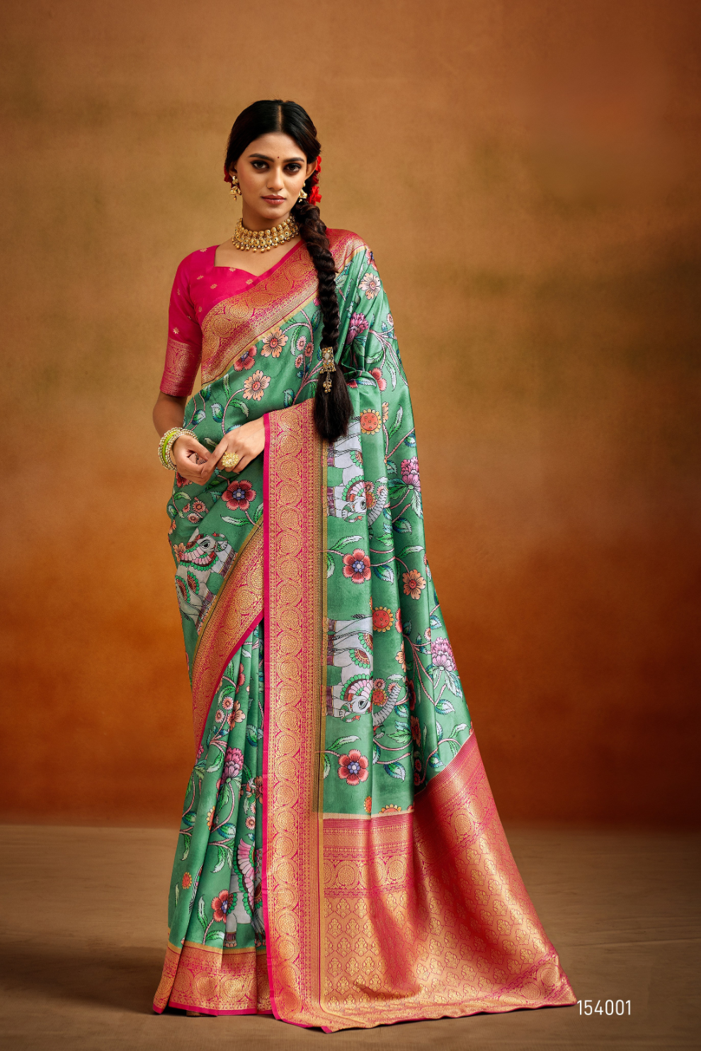 Tusser Silk Saree with Kalamkari Print & Banarasi Zari Border