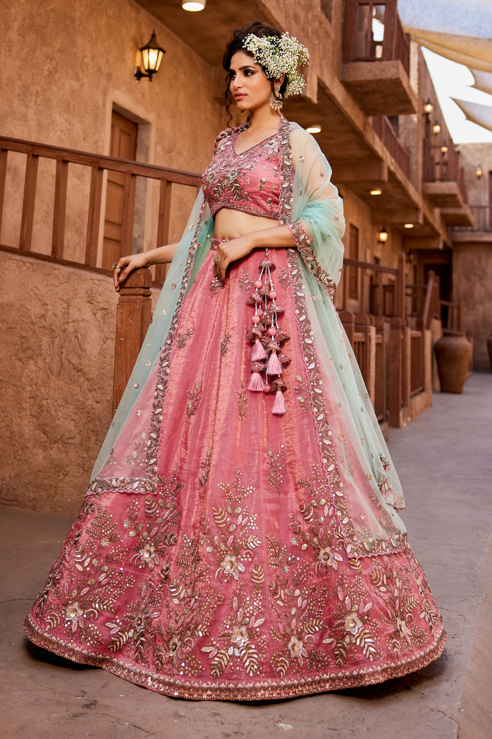 Elegant Tissue Sequin Embroidered Semi-Stitched Lehenga Choli with Dupatta