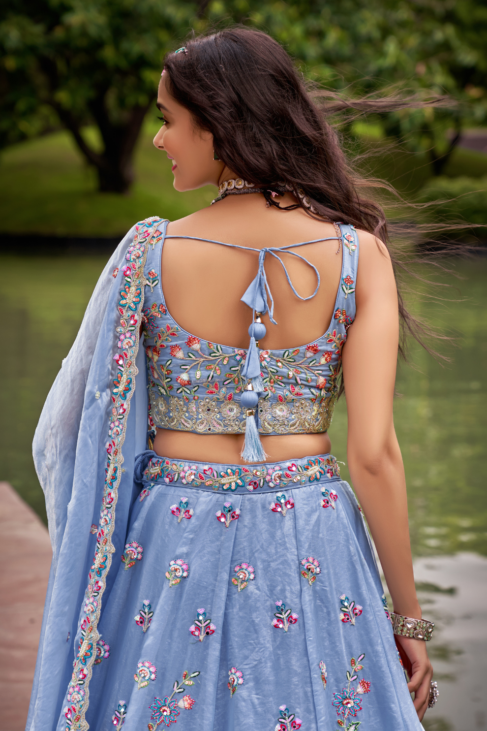 Organza Fabric Sequins & Mirror Work Lehenga Choli Dupatta