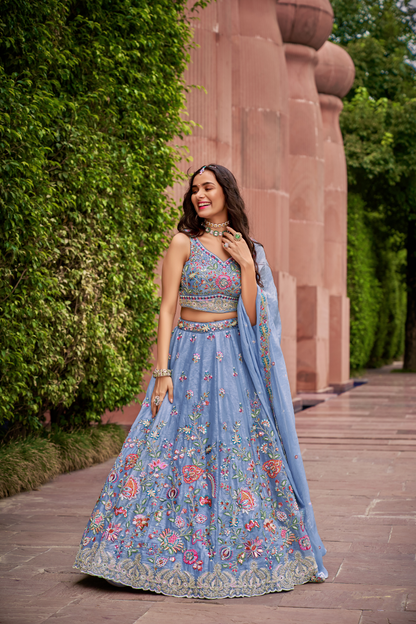 Organza Fabric Sequins & Mirror Work Lehenga Choli Dupatta