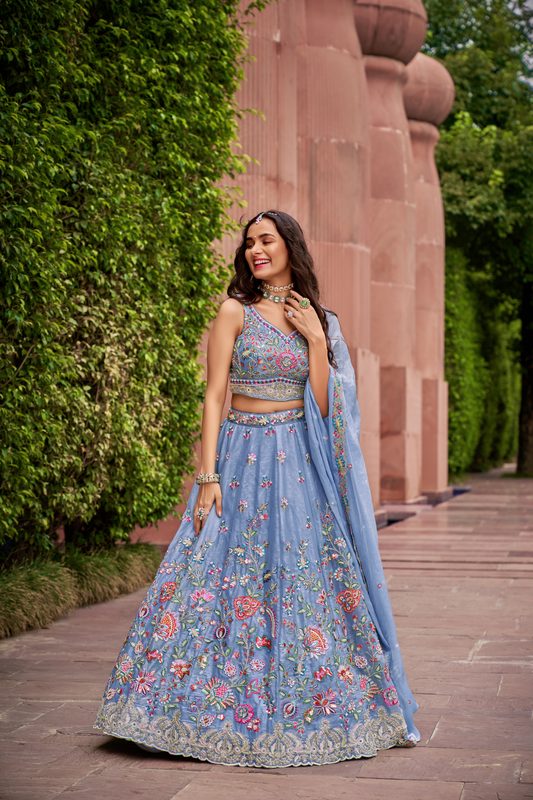 Organza Fabric Sequins & Mirror Work Lehenga Choli Dupatta