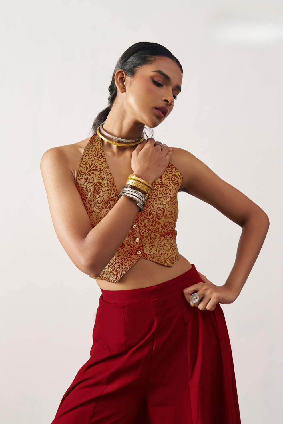 Red Jacquard Indo-Western Skirt Suit with Stylish Waistcoat