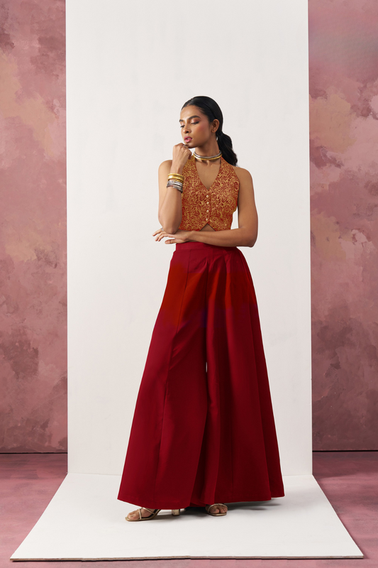 Red Jacquard Indo-Western Skirt Suit with Stylish Waistcoat