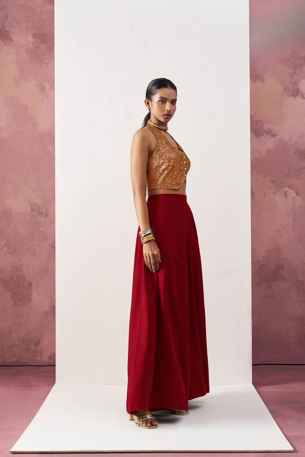 Red Jacquard Indo-Western Skirt Suit with Stylish Waistcoat