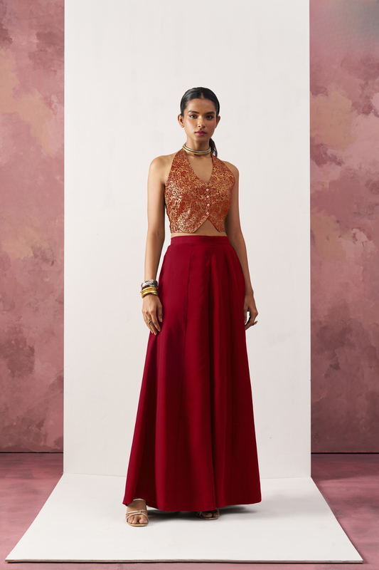 Red Jacquard Indo-Western Skirt Suit with Stylish Waistcoat