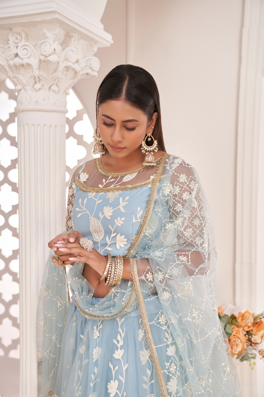 Designer Net Lehenga Set with Thread and Sequin Embroidery