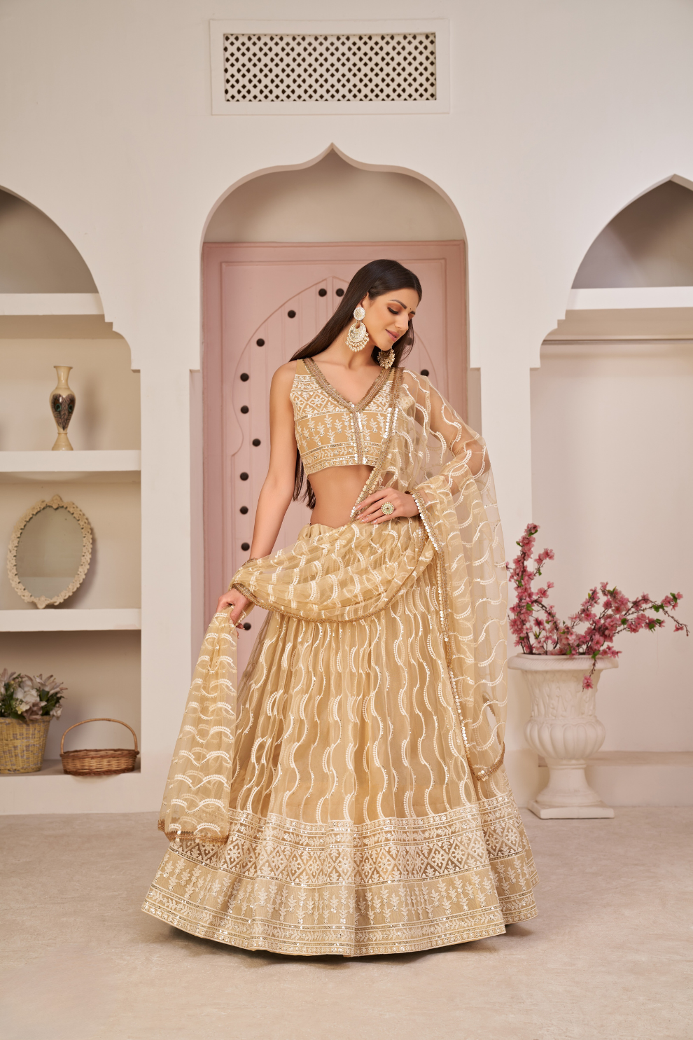 Beautifully Embroidered Net Lehenga with Sequin and Thread Detailing