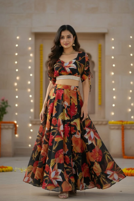 Modern Digital Floral Printed Georgette Lehenga Choli Set