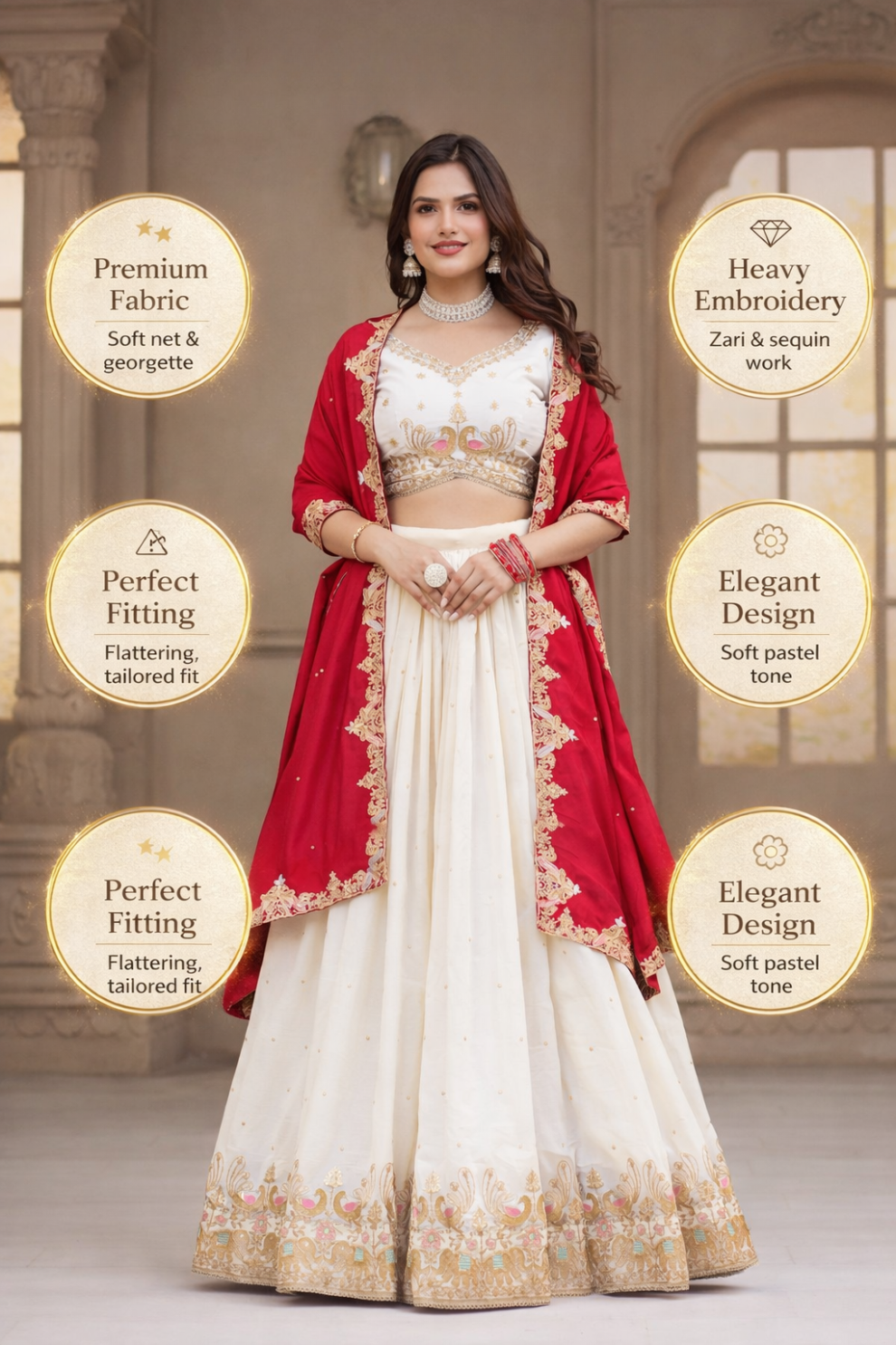 Traditional Ivory Lehenga Set with Intricate Embroidery & Red Dupatta