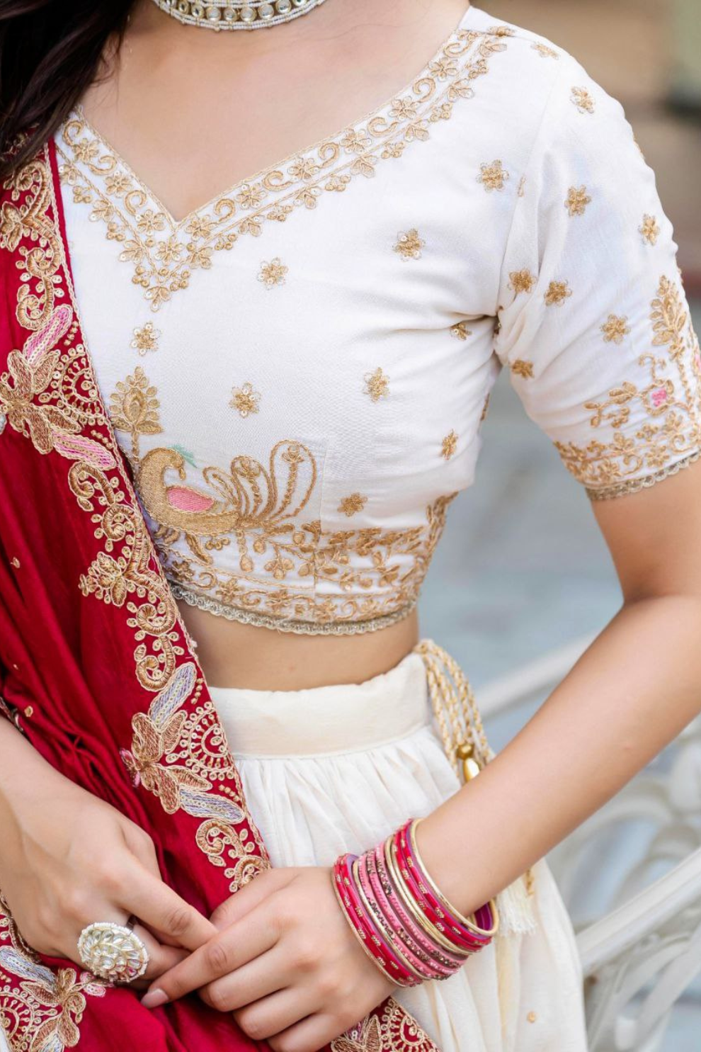 Traditional Ivory Lehenga Set with Intricate Embroidery & Red Dupatta