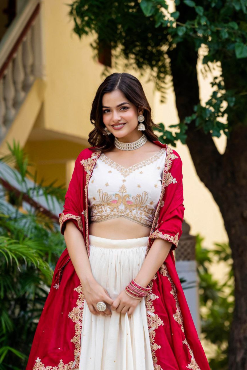 Traditional Ivory Lehenga Set with Intricate Embroidery & Red Dupatta