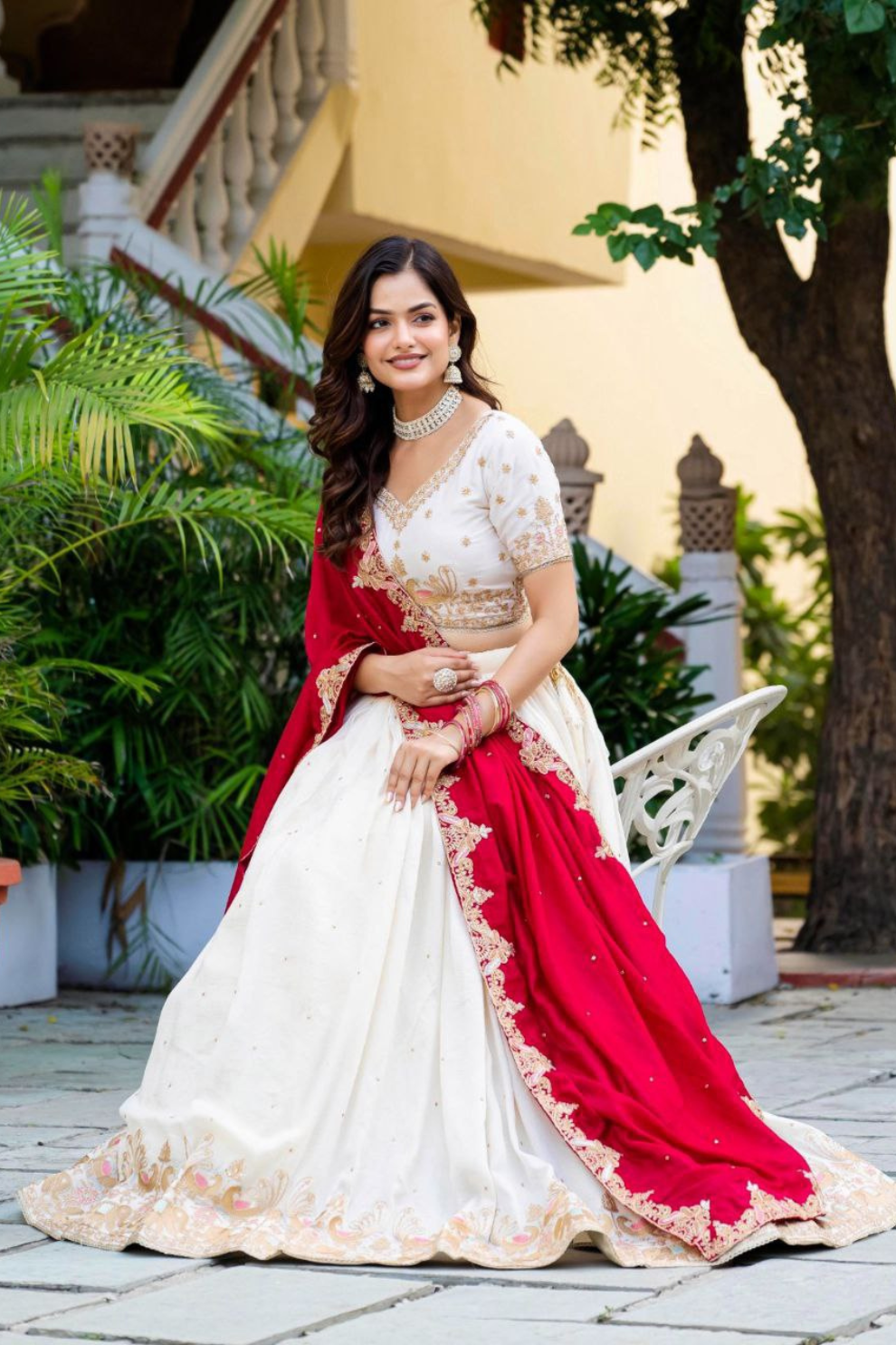 Traditional Ivory Lehenga Set with Intricate Embroidery & Red Dupatta