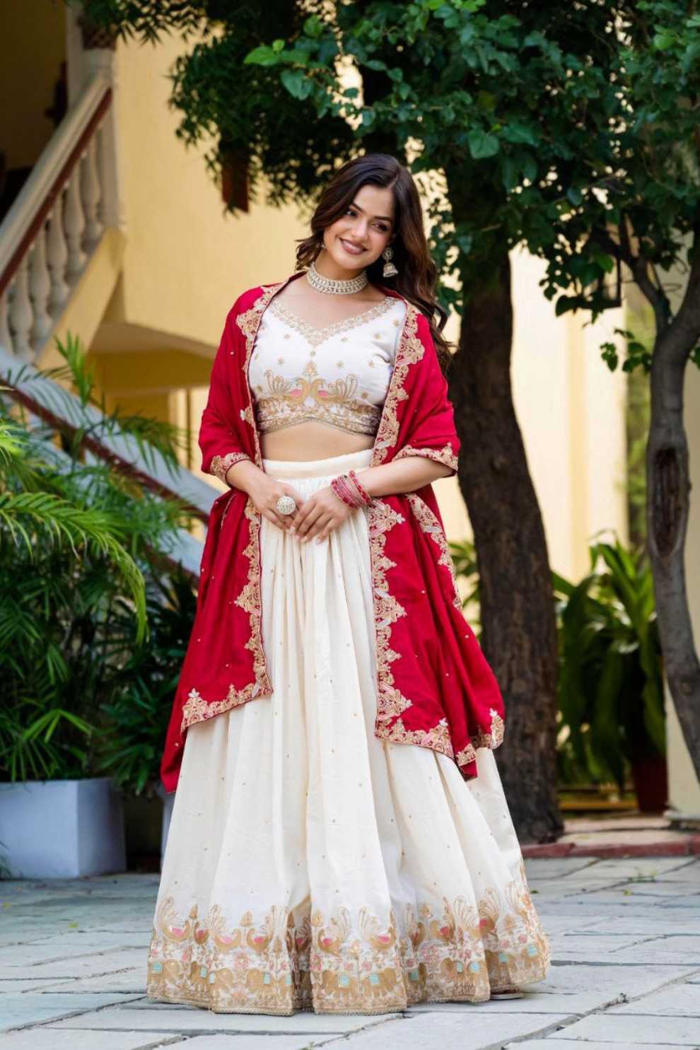 Traditional Ivory Lehenga Set with Intricate Embroidery & Red Dupatta