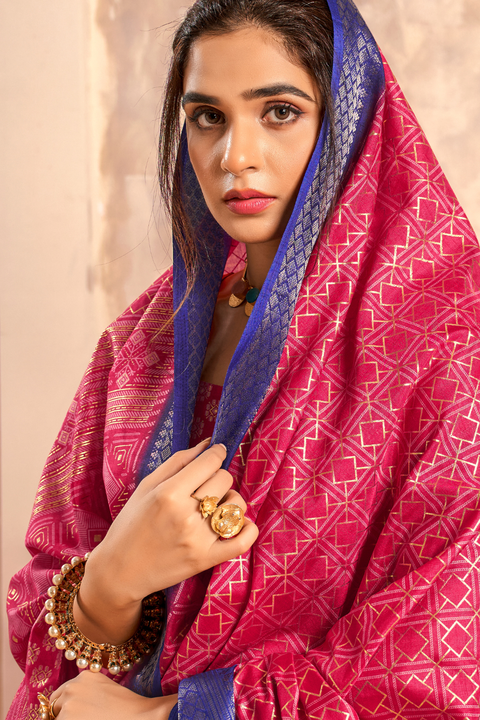 Soft Dola Saree with Foil Print and Contrast Jacquard Border - LaVante Fashion