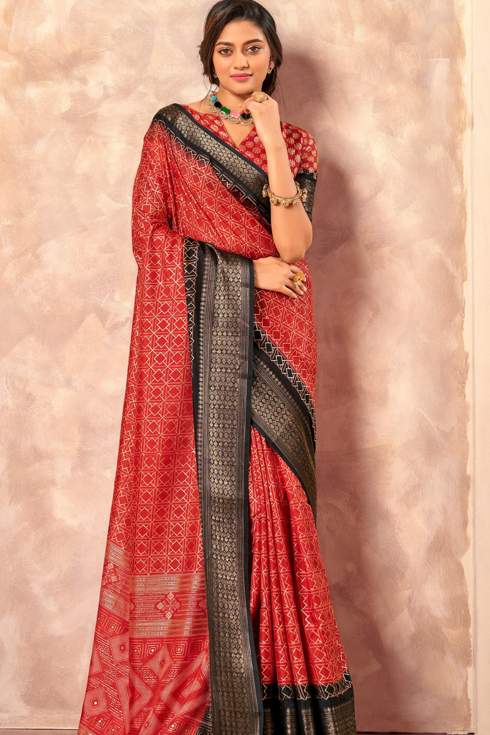 Soft Dola Saree with Foil Print and Contrast Jacquard Border - LaVante Fashion