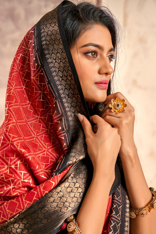 Soft Dola Saree with Foil Print and Contrast Jacquard Border - LaVante Fashion