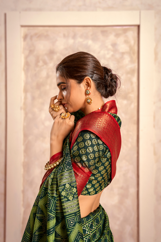 Soft Dola Saree with Foil Print and Contrast Jacquard Border - LaVante Fashion