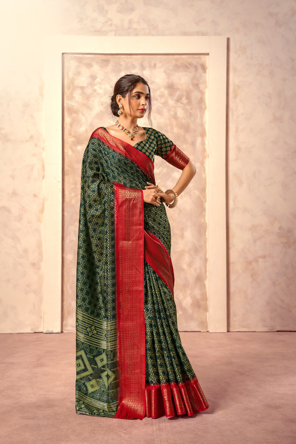 Soft Dola Saree with Foil Print and Contrast Jacquard Border - LaVante Fashion