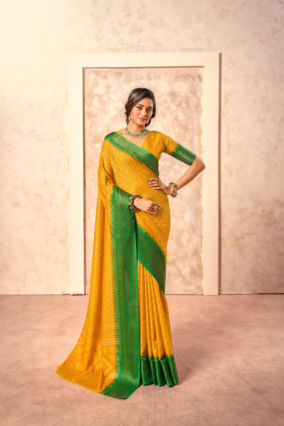 Soft Dola Saree with Foil Print and Contrast Jacquard Border - LaVante Fashion