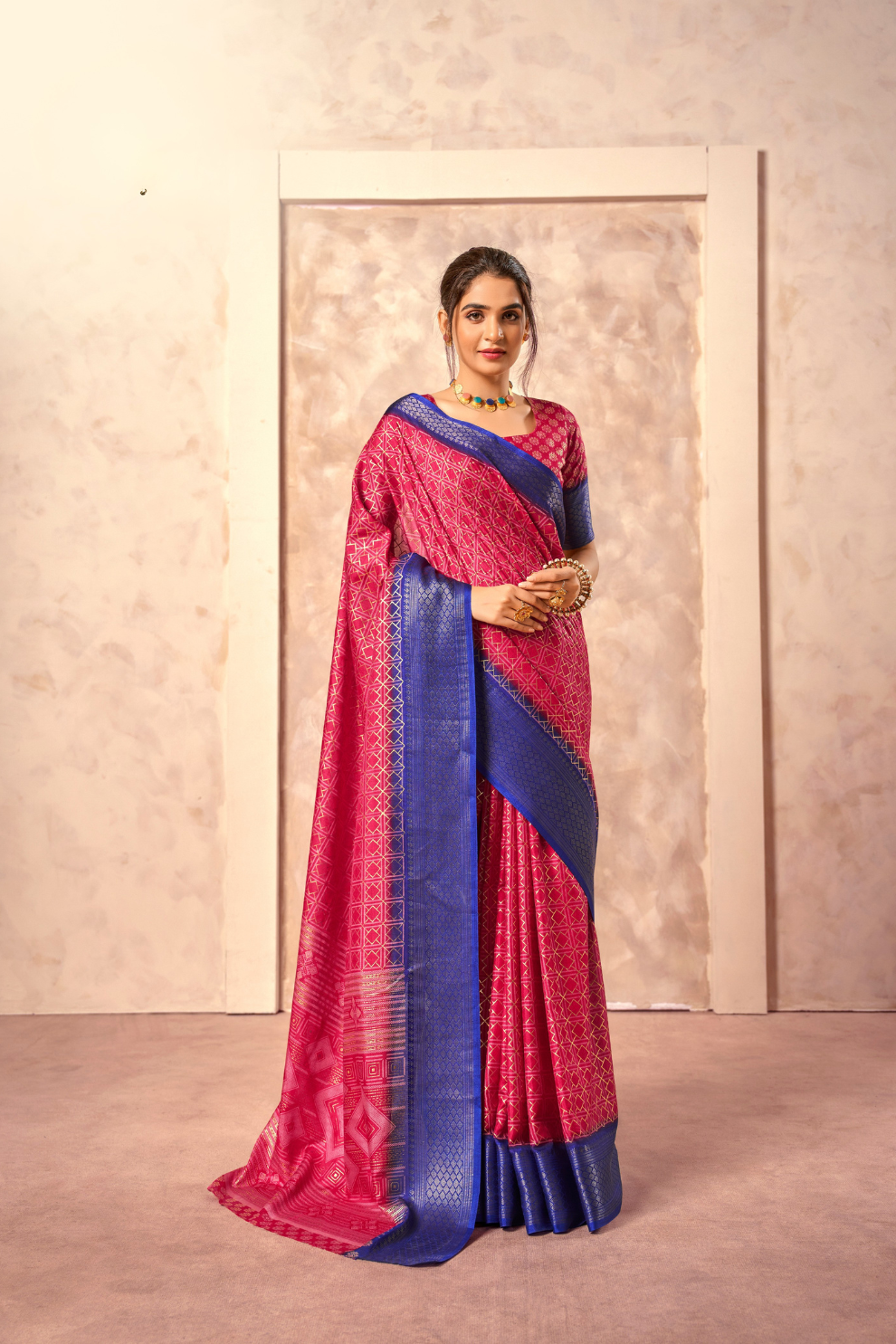 Soft Dola Saree with Foil Print and Contrast Jacquard Border - LaVante Fashion