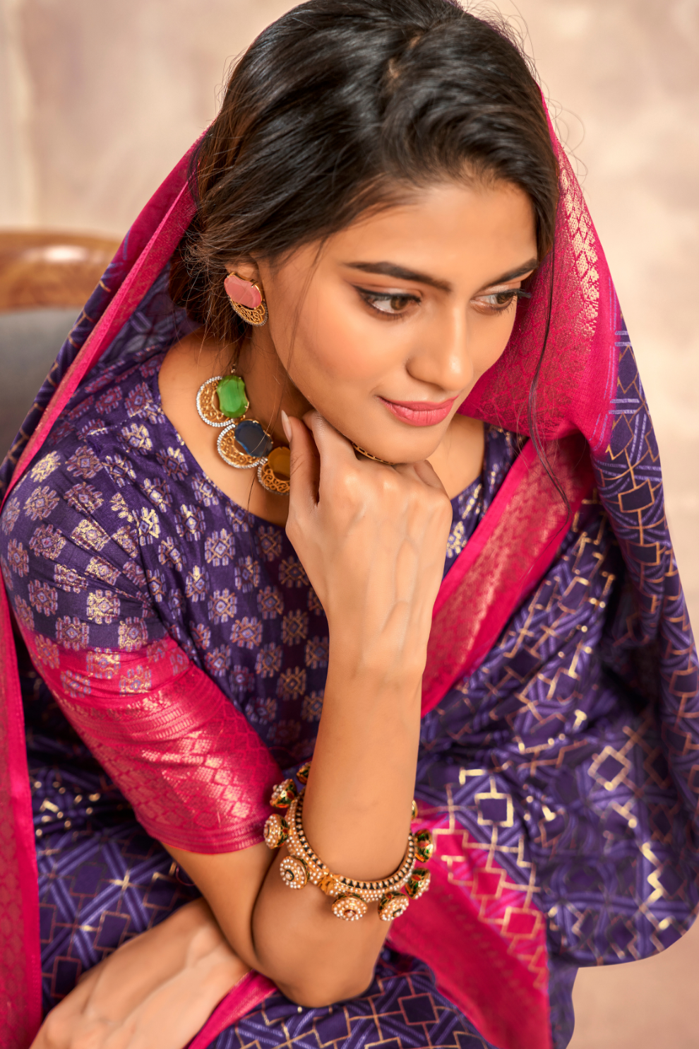 Soft Dola Saree with Foil Print and Contrast Jacquard Border - LaVante Fashion