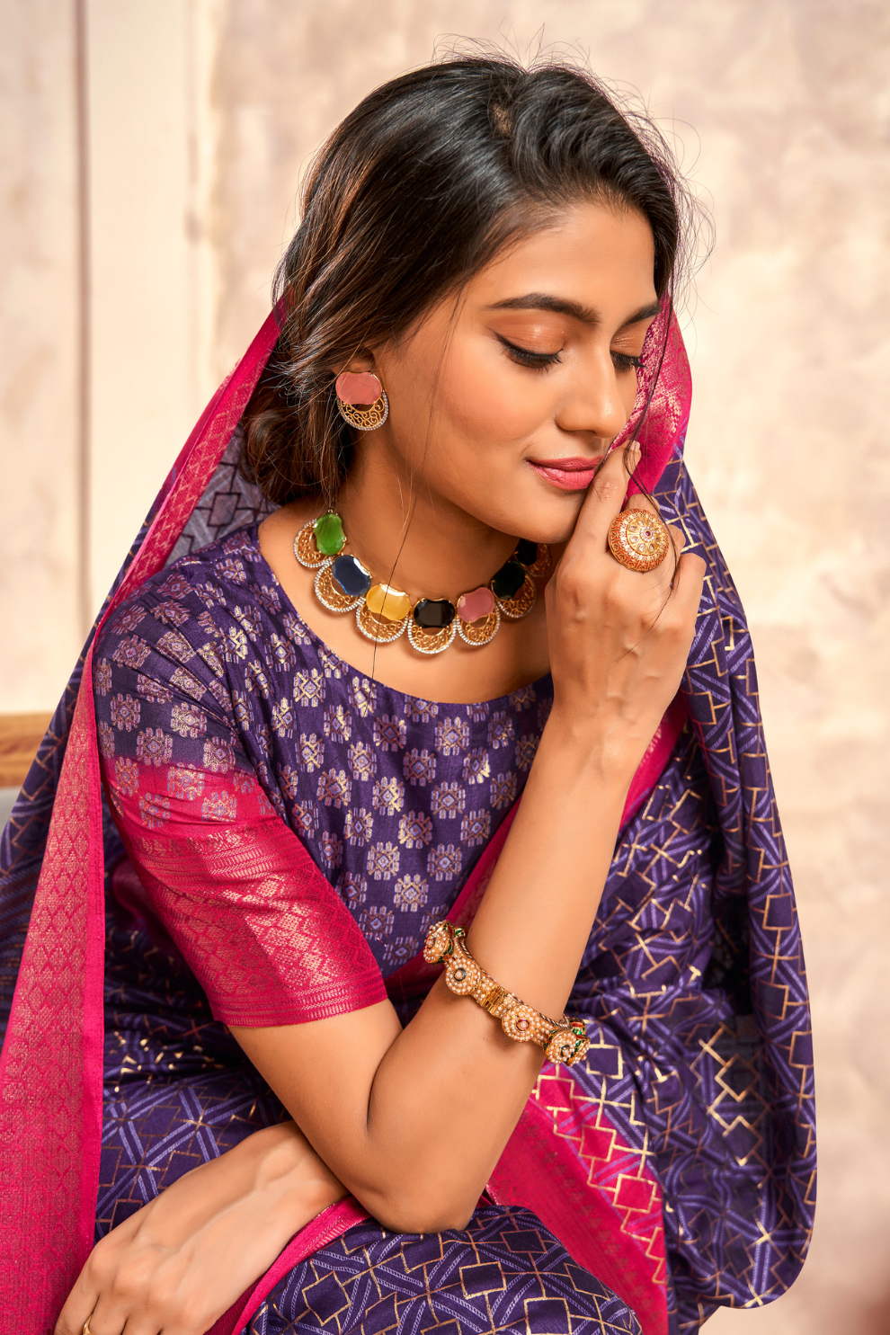 Soft Dola Saree with Foil Print and Contrast Jacquard Border - LaVante Fashion