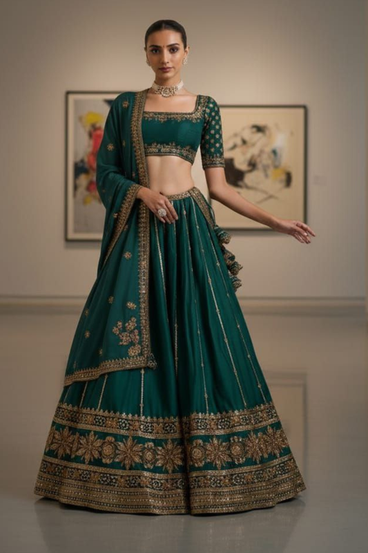 Elegant Dark Green Designer Lehenga with Intricate Golden Work