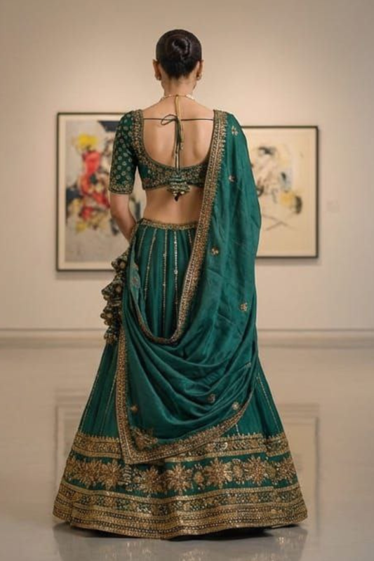 Elegant Dark Green Designer Lehenga with Intricate Golden Work