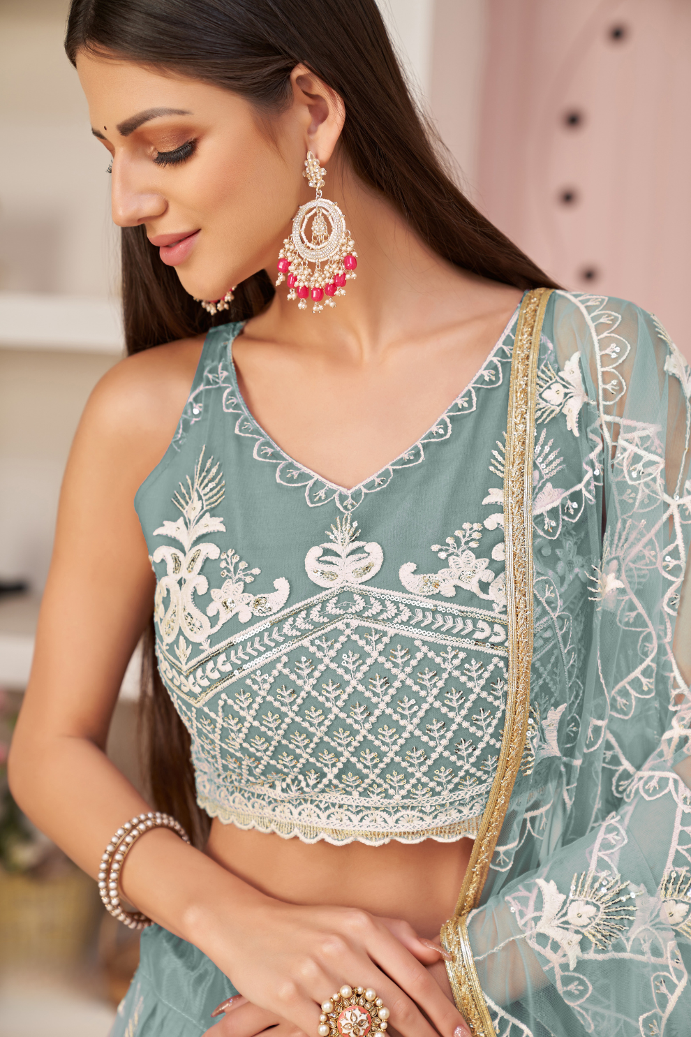 Elegant Embroidered Net Lehenga Set for Festive Occasions