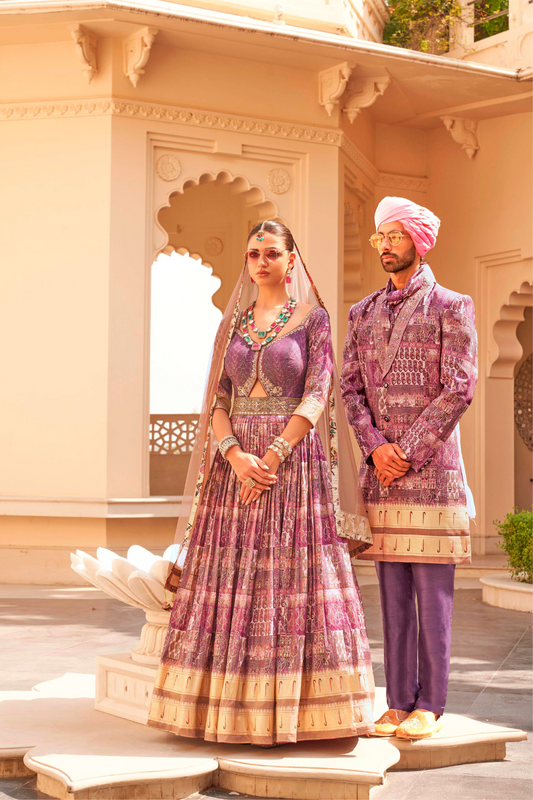 Plum Printed Anarkali Dress & Men's Kurta-Coat Set – Couple Outfit