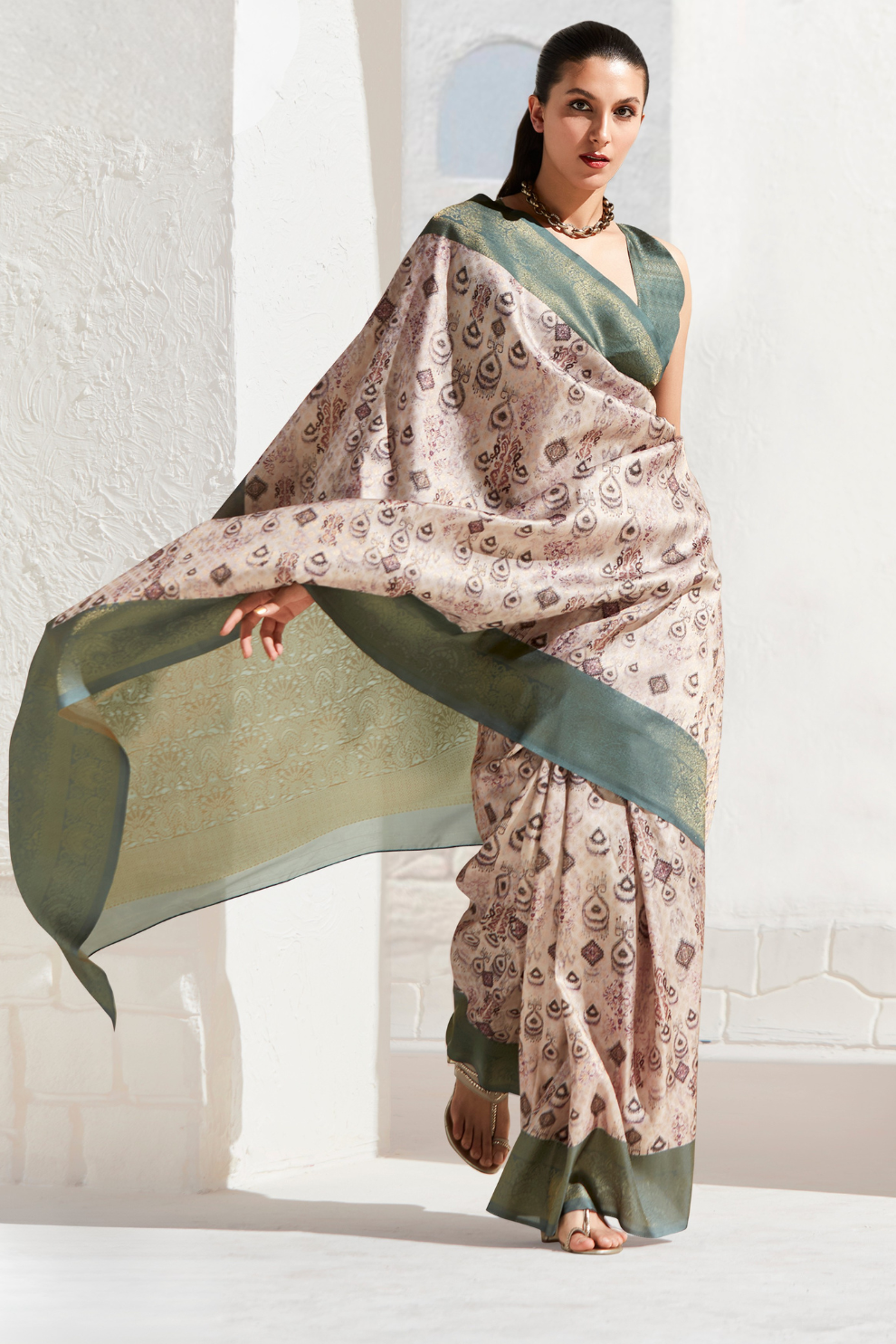 Designer Digital Printed Banarasi Slik Saree in Elegant Aqua Blue