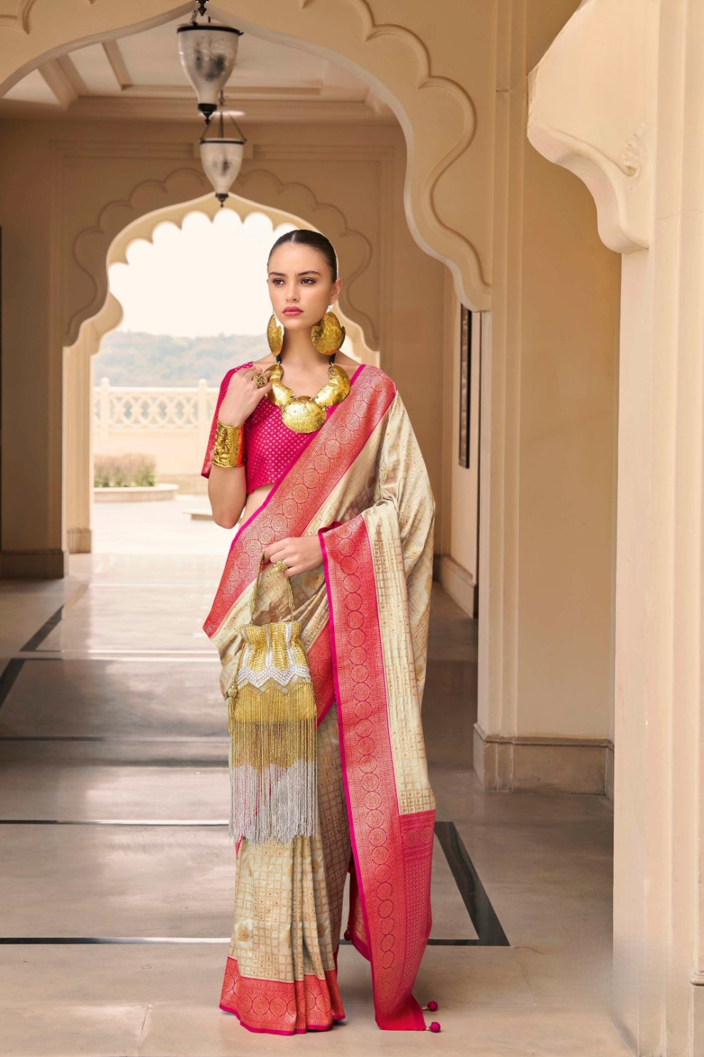 Banarasi P.V. Silk Saree with Exclusive Kanchipuram Weaving Design - LaVante Fashion
