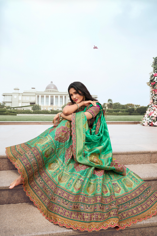 Elegant Banarasi Silk Lehenga Choli with Handcrafted Zarkan and Cording Detailing