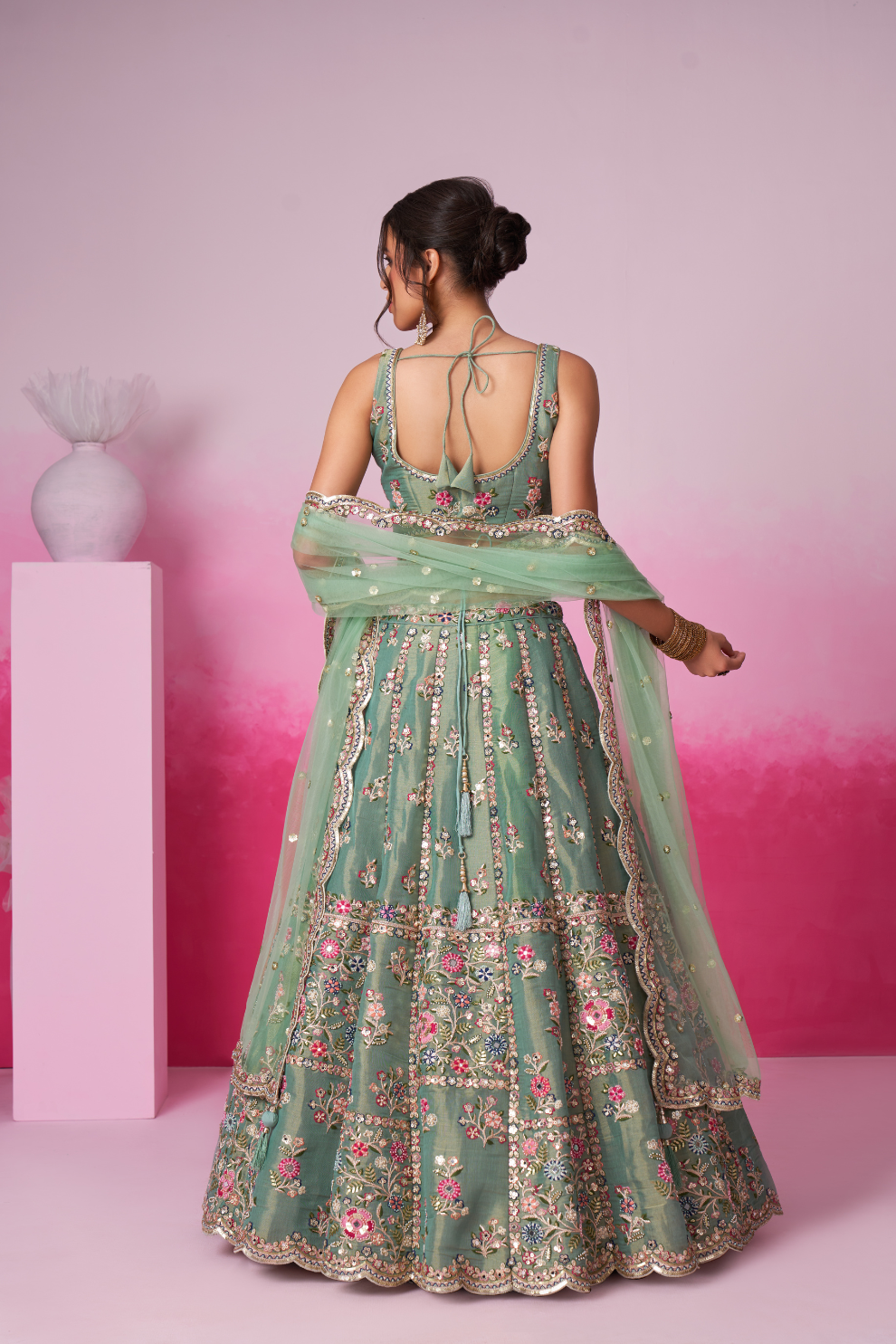 Bridal Net Moti And Sequins Embroidery Lehenga Choli Dupatta